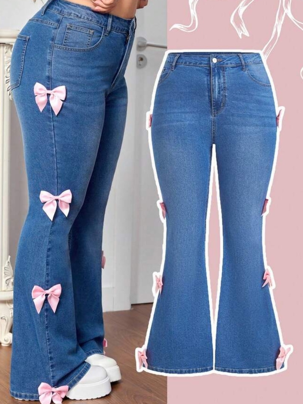 Pink Bow Accent Blue Flare Jeans